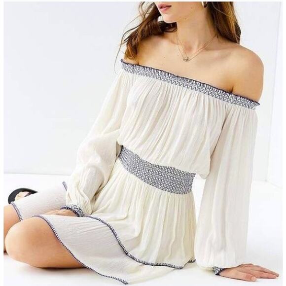 Urban Outfitters Saffron Skies Off-Shoulder Dress XS Cream White Blue - Picture 1 of 13